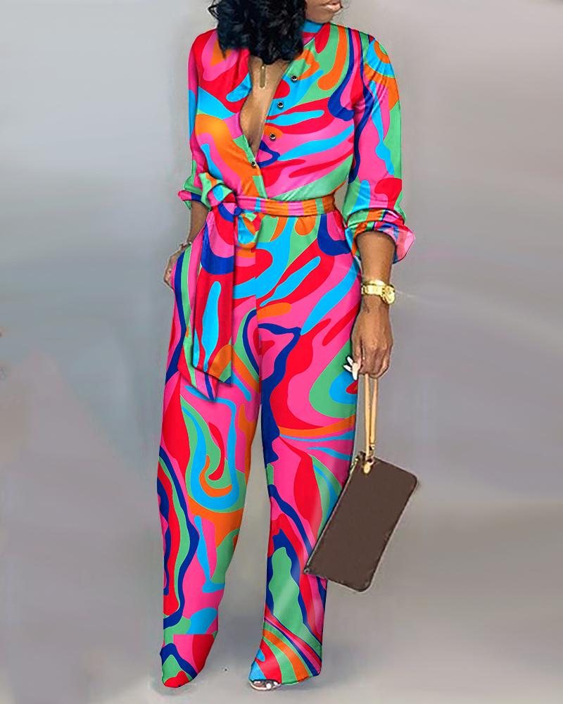 

Abstract Print Button Front Belted Jumpsuit, Multicolor