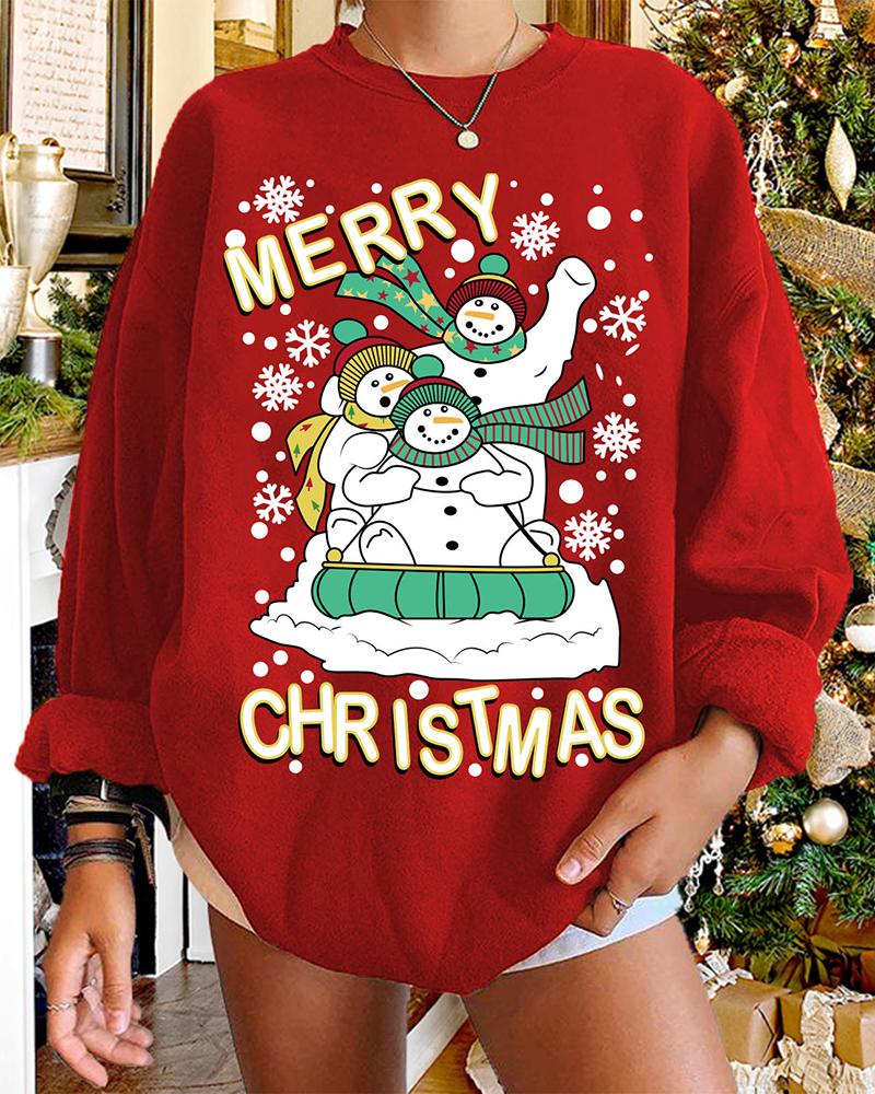 

Christmas Snowman Snowflake Letter Print O-neck Sweatshirt, Red