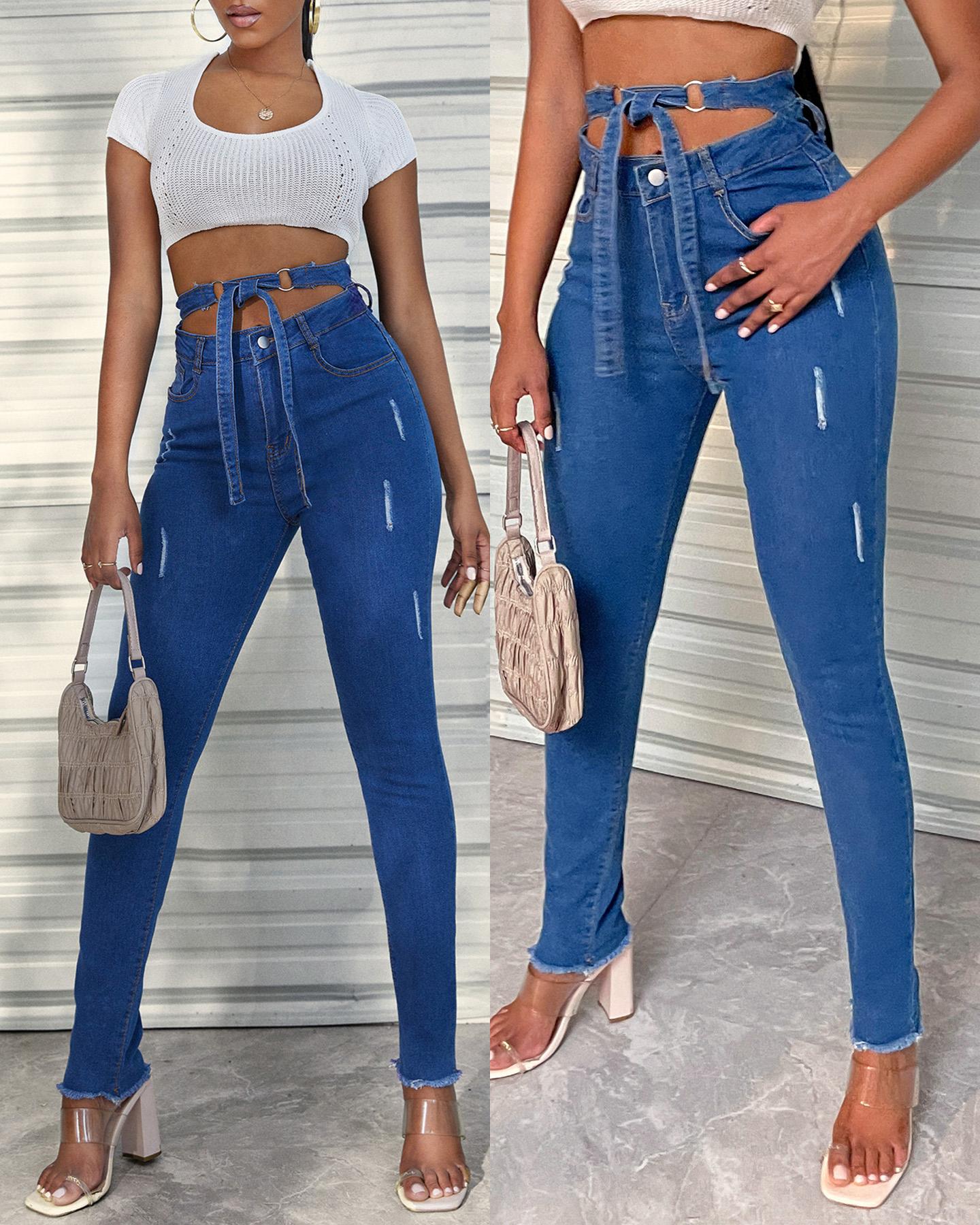 

Solid Color Hollow-out Ripped Skinny Jeans, Blue