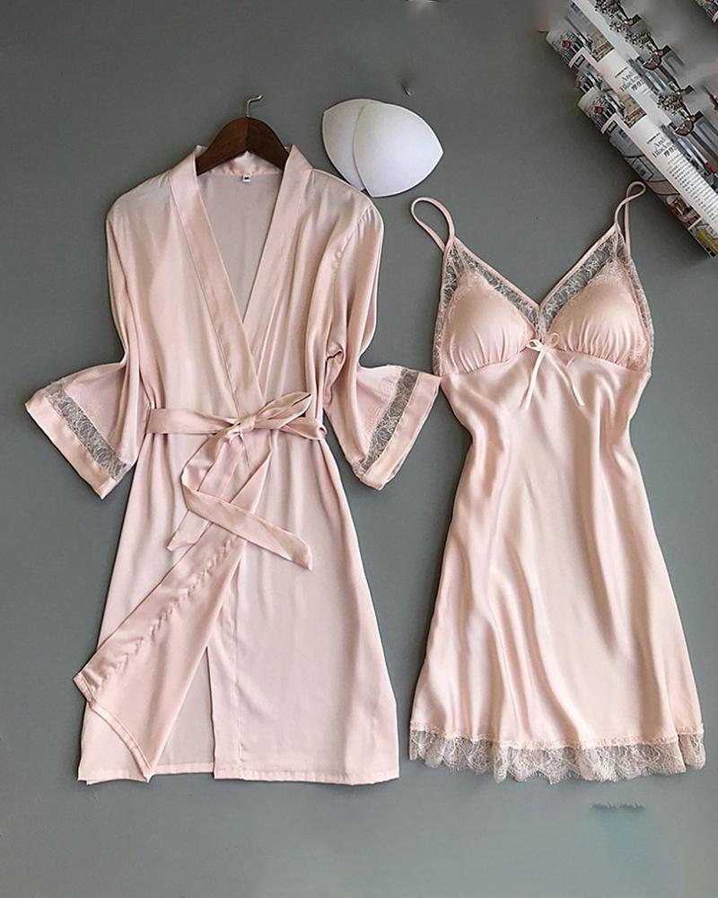 

Contrast Lace Satin Long Sleeve Robe With Babydoll, Pink