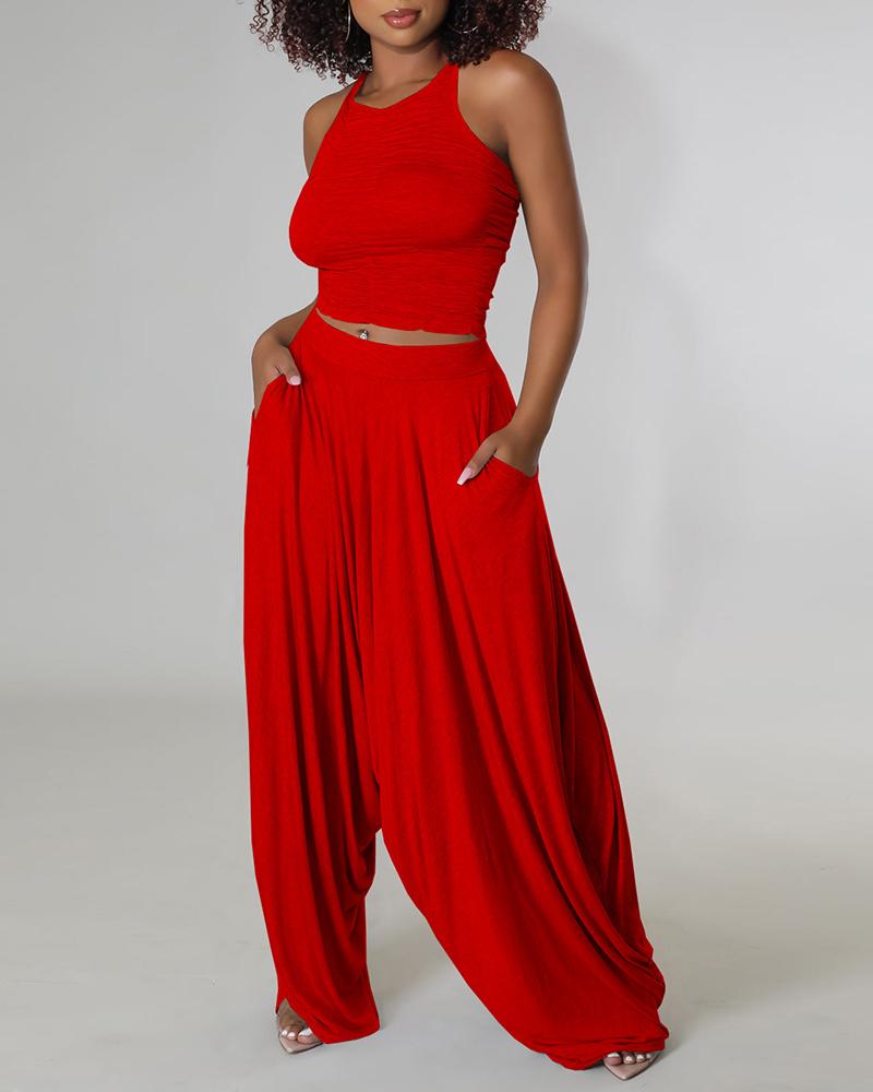 

Halter Cutout Ruched Top & Harem Pants Set, Red