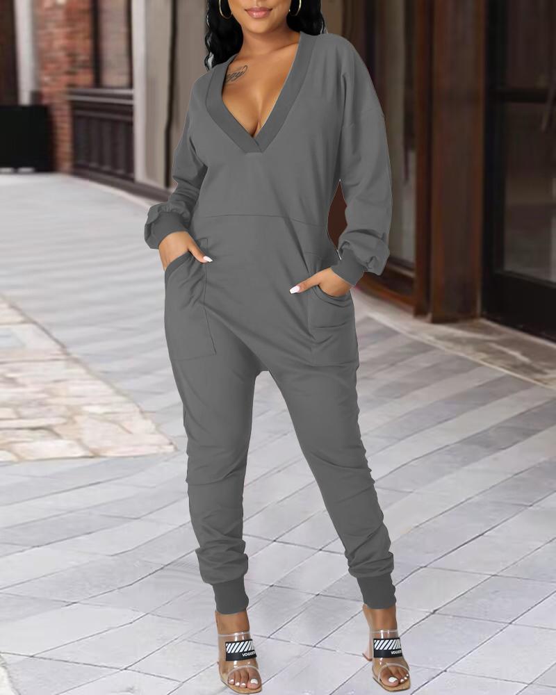 

Pocket Design V-Neck Long Sleeve Jumpsuit, Gray