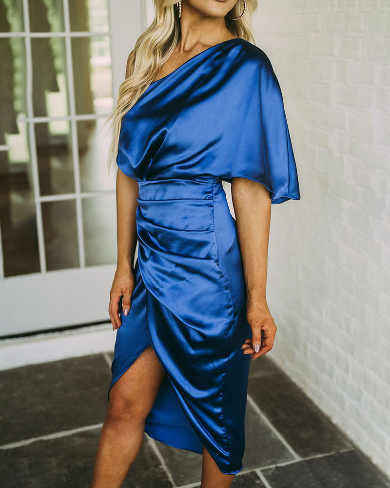 

One Shoulder Satin Ruched Split Party Dress, Dark blue