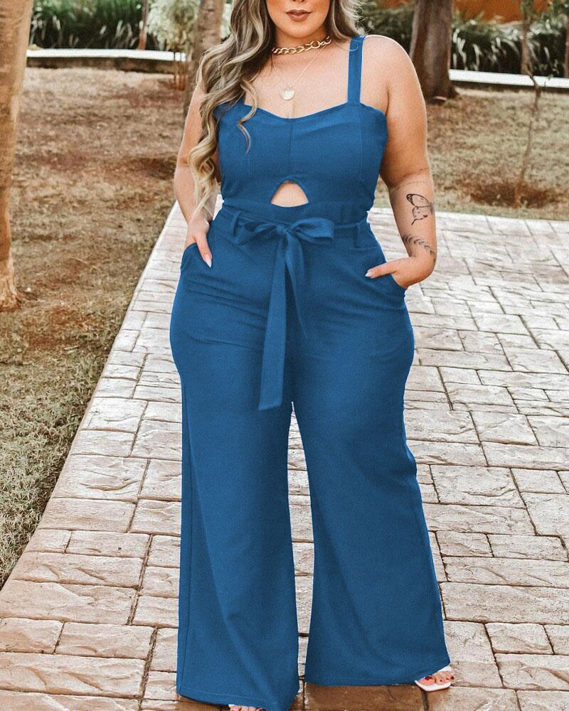 

Plus Size Pocket Detail Belted Jumpsuit, Blue