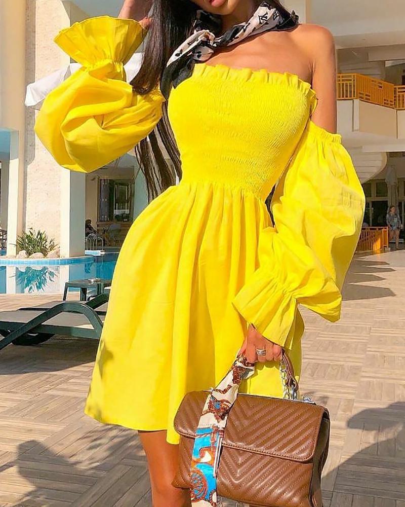 

Off Shoulder Frill Hem Shirred Dress, Yellow