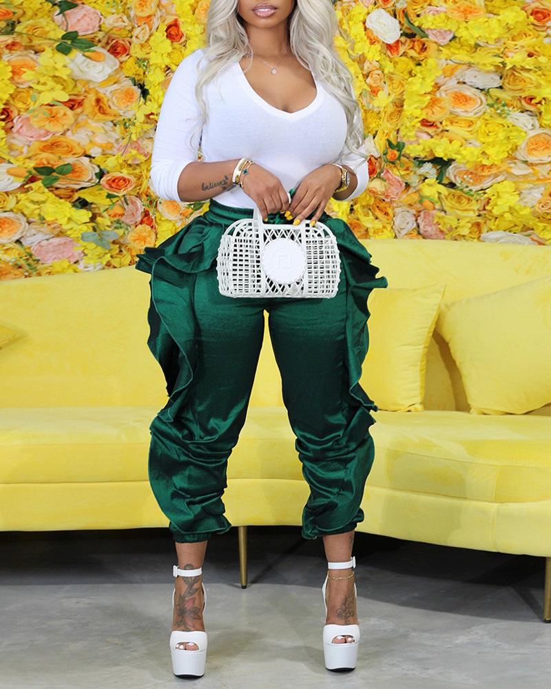 

Ruffle Hem High Waist Satin Pants, Green