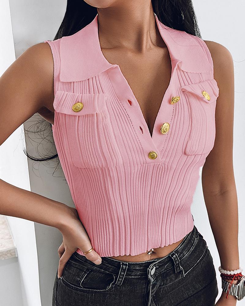 

Buttoned Pocket Design Knit Tank Sweater, Pink