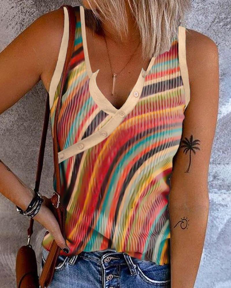 

Rainbow Stripe Print V-Neck Tank Top, Multicolor