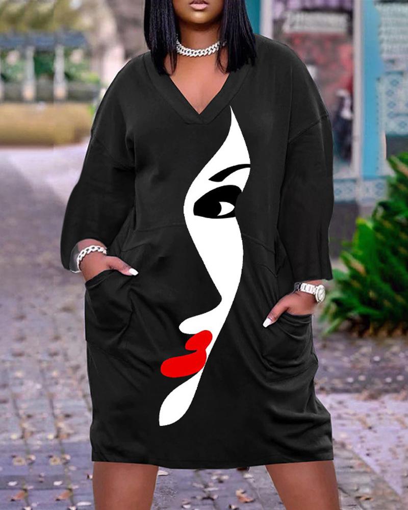 

Plus Size Figure Print Pocket Design Casual Dress, Black