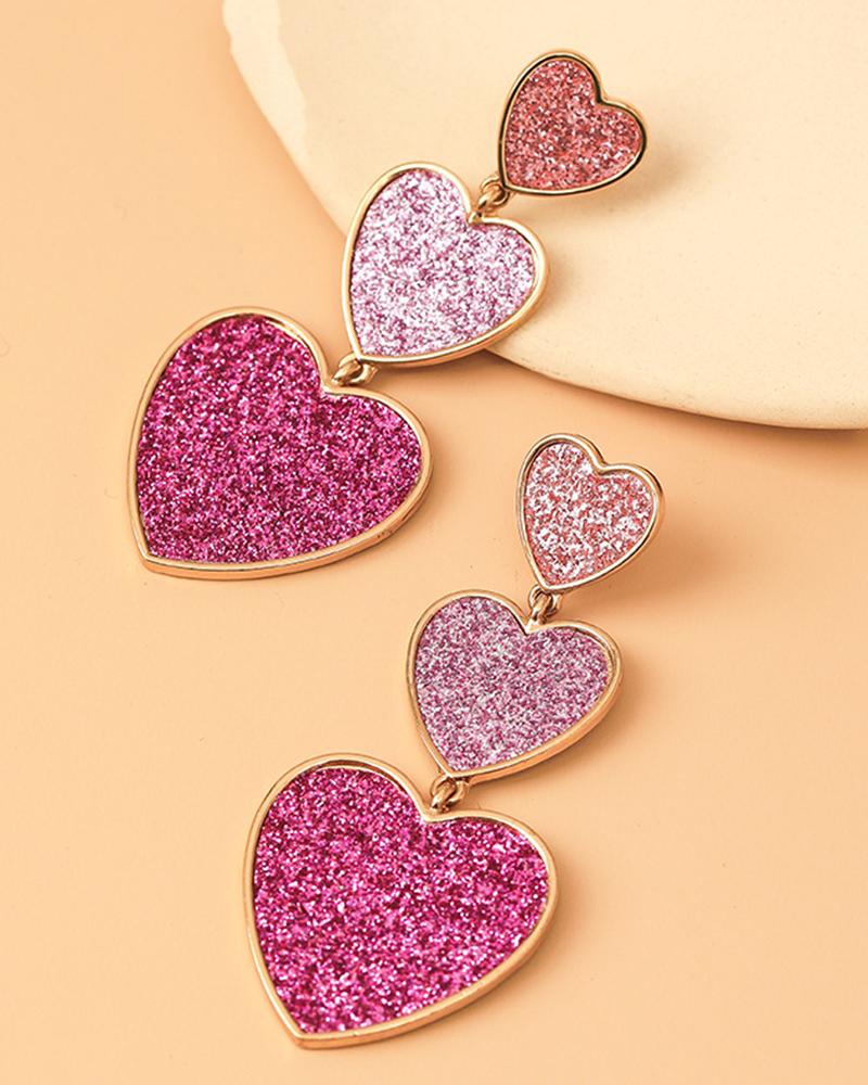 

1Pair Ombre Glitter Heart Drop Layered Earrings, Pink
