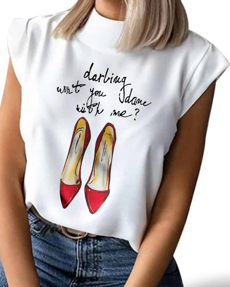 

Letter High Heels Print Casual Top, White