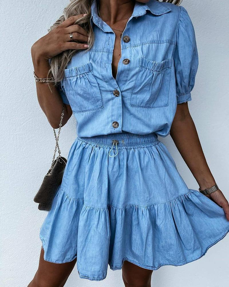 

Pocket Button Design Denim Top & Ruched Skirt Set, Blue