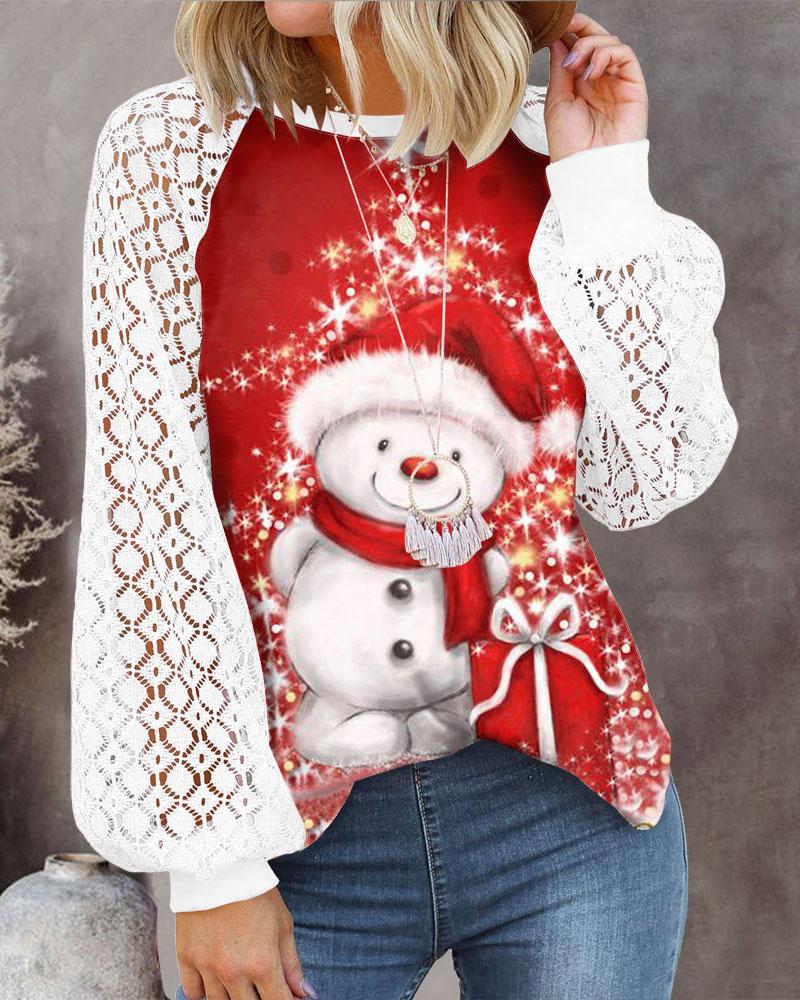 

Christmas Snowman Print Contrast Lace Lantern Sleeve Top, Red