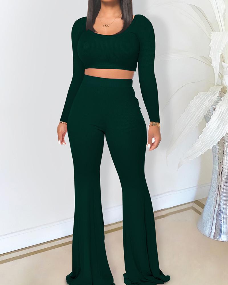 

Plain Long Sleeve Crop Top & Flared Leg Pants Set, Dark green
