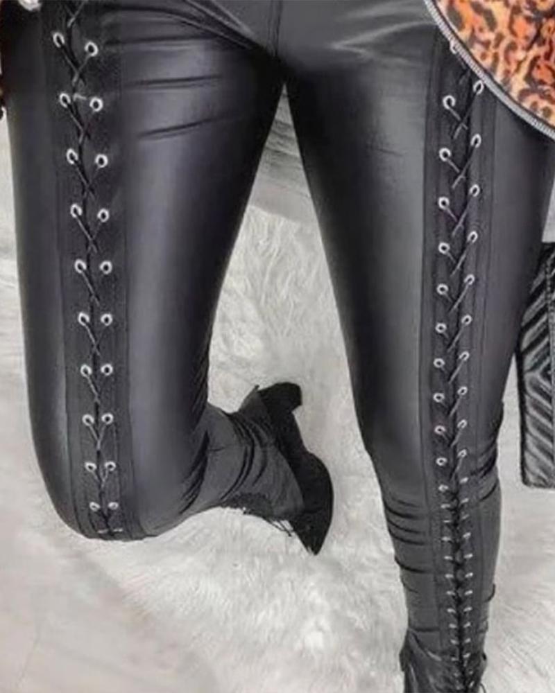 

Grommet Eyelet Lace-up PU Leather Skinny Pants, Black