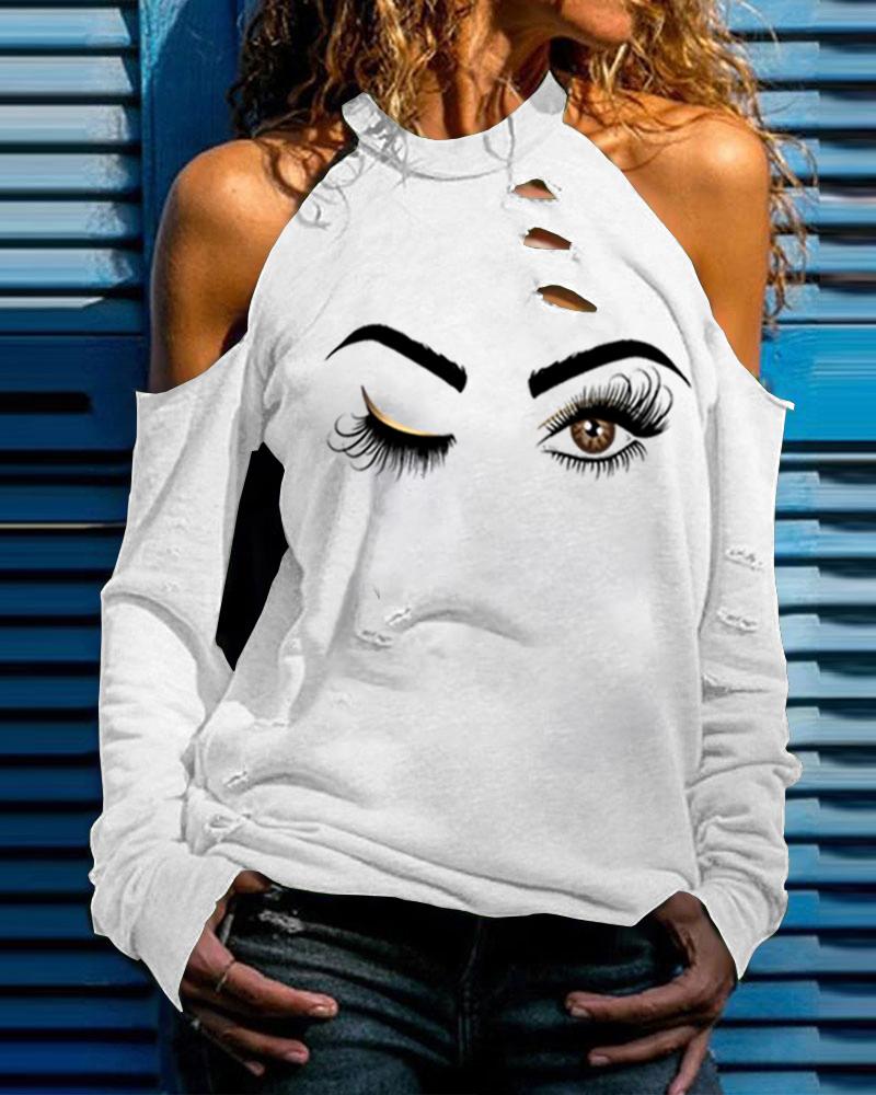 

Cold Shoulder Cutout Eyes Print Top, White
