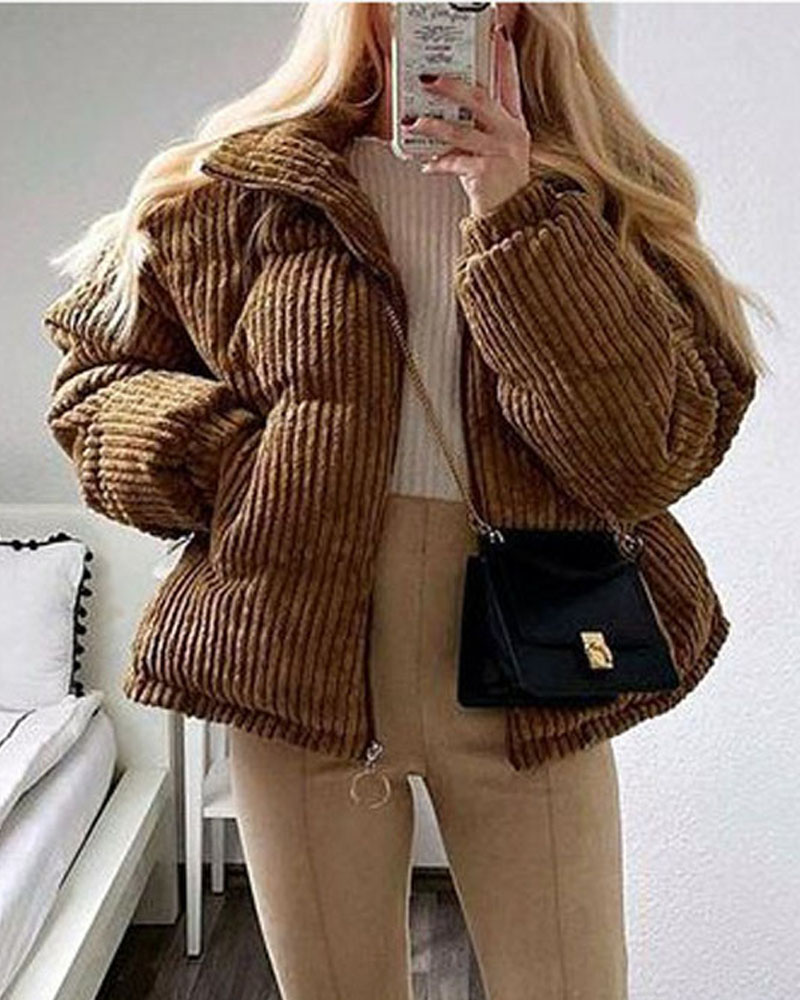 

Long Sleeve Zip Up Corduroy Puffer Coat, Brown