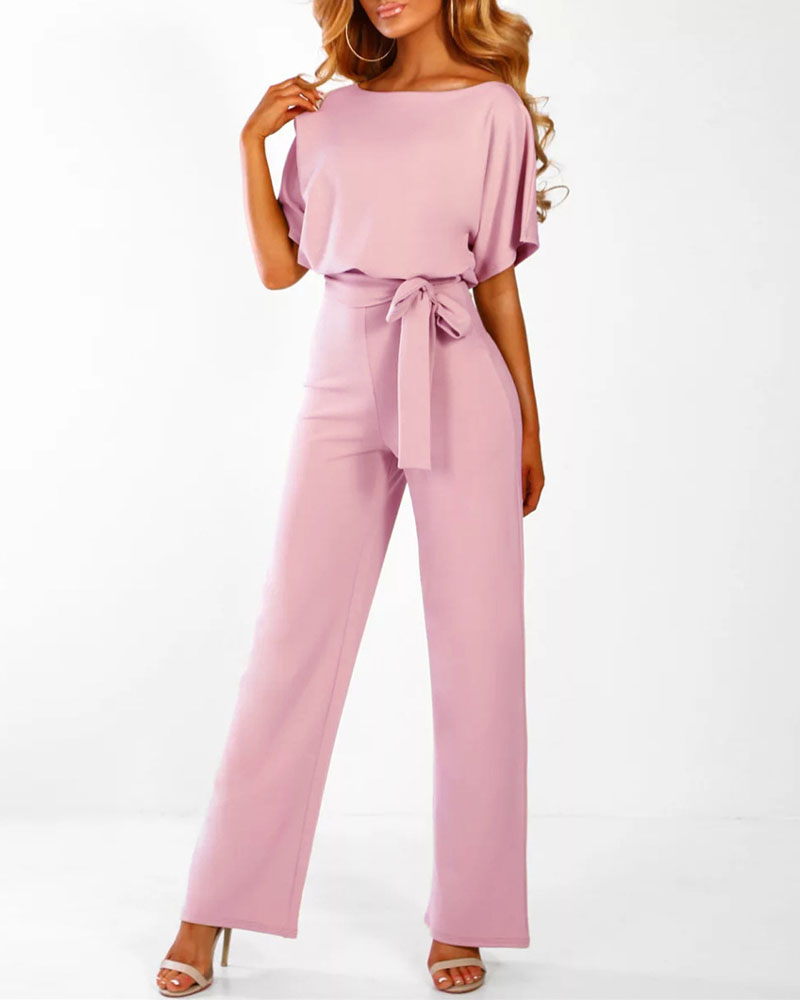 

Batwing Sleeve Keyhole Back Belted Jumpsuit, Pink