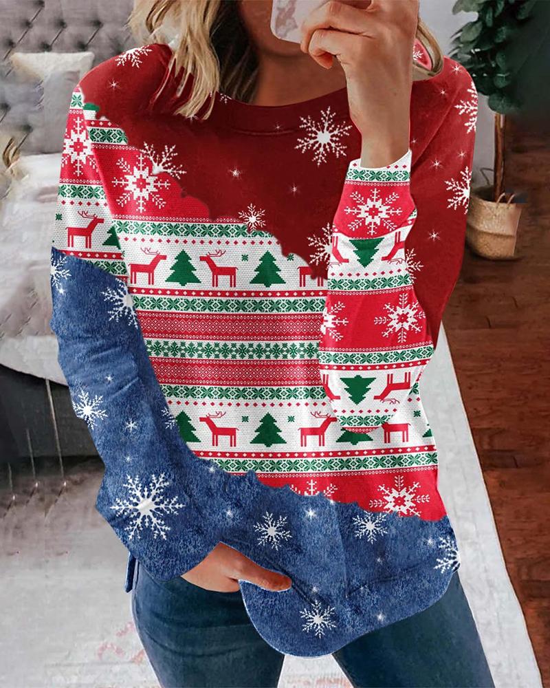 

Christmas Geometric Elk Snowflake Print Colorblock Sweatshirt, Red