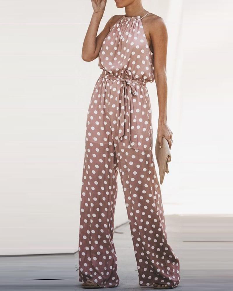 

Halter Polkadot Print Sleeveless Jumpsuit, Pink