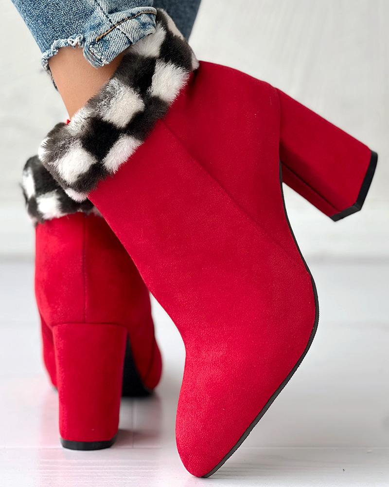 

Fuzzy Plaid Detail Chunky Heel Ankle Boots, Red