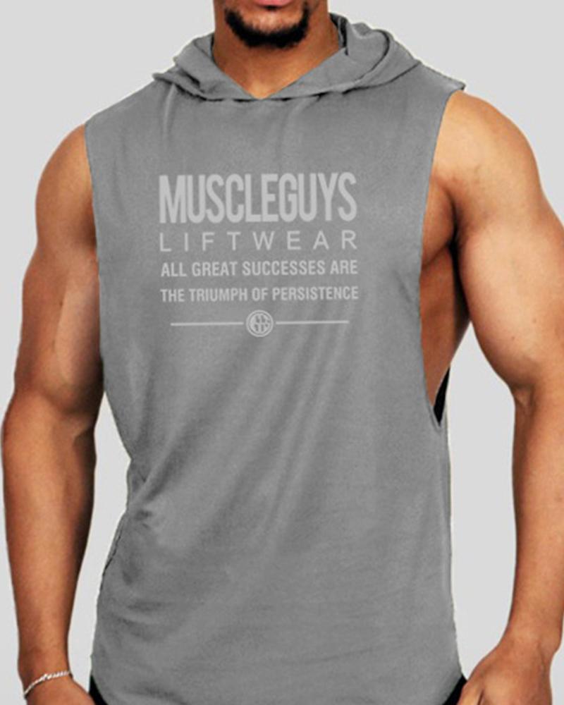 

Letter Print Skinny Hooded Sleeveless Tanks, Gray