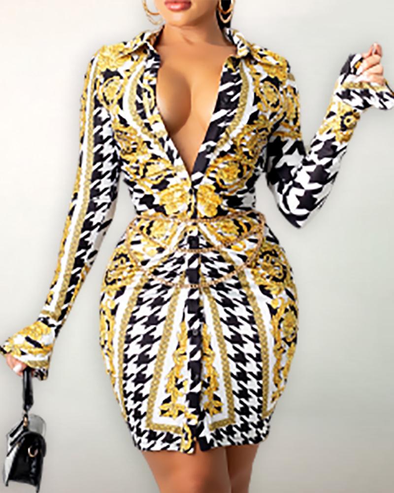 

Scarf Houndstooth Print Bell Sleeve Shirt Dress, Black