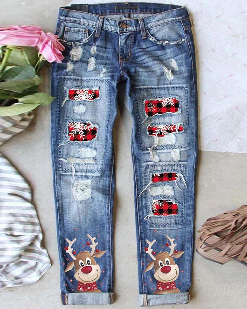 

Christmas Reindeer Plaid Snowflake Print Ripped Jeans, Blue