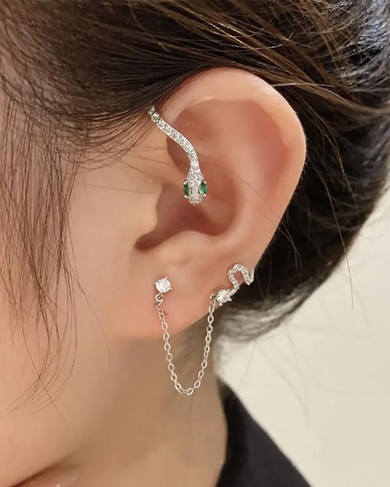 

1pcs Snake Shaped Tassel Rhinestone Design Ear Climber, Silver