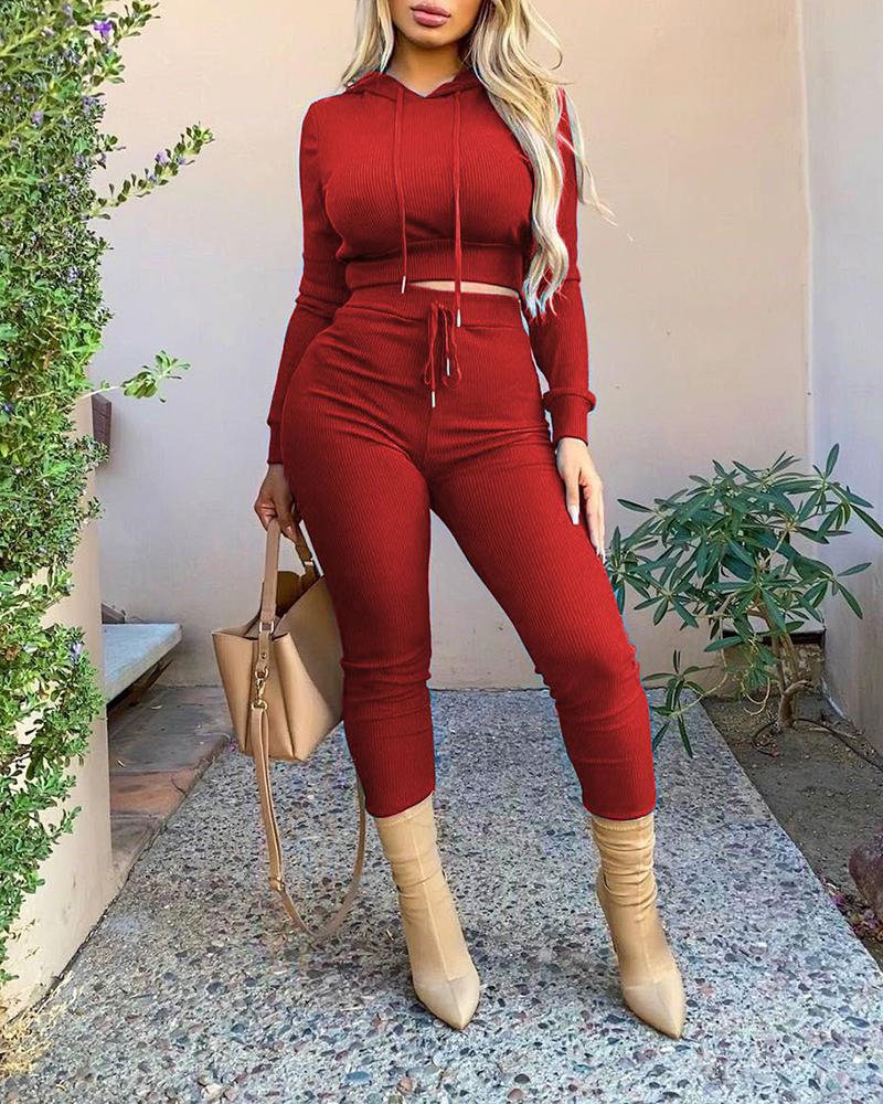 

Plain Hooded Top & Drawstring Pants Set, Red