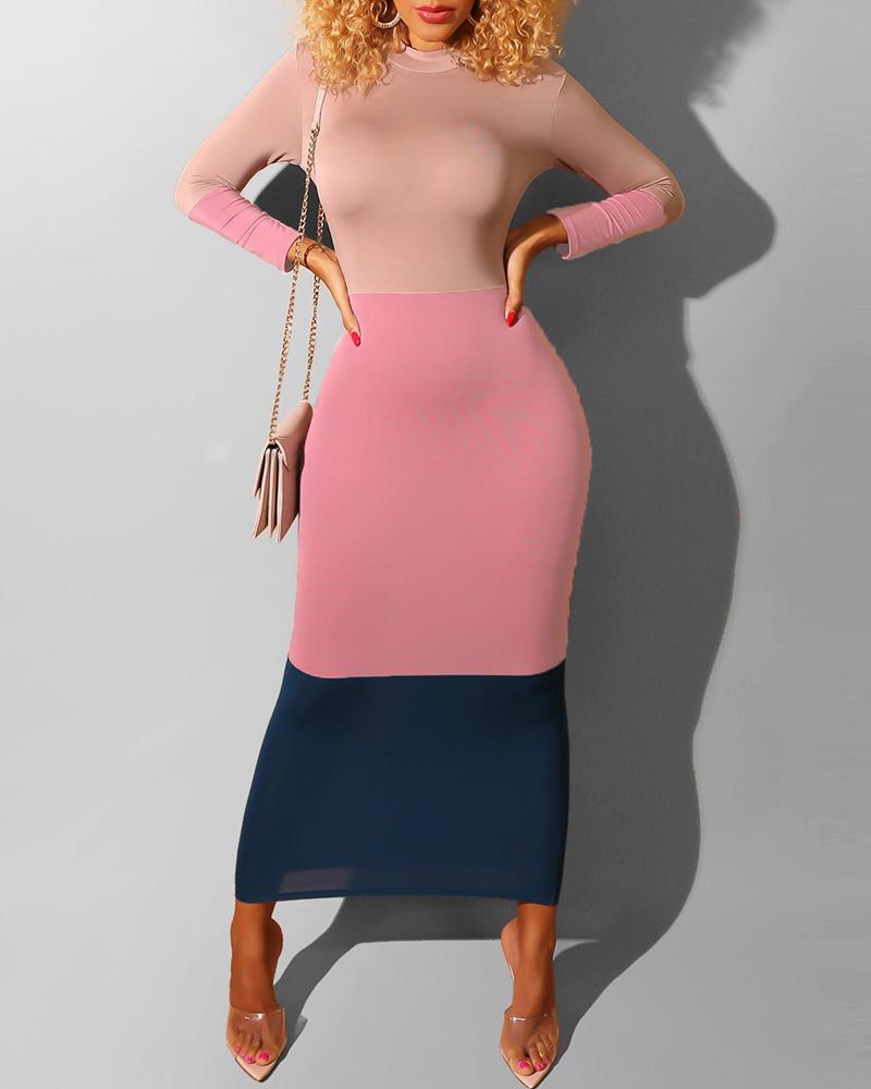 

Colorblock Insert Long Sleeve Bodycon Dress, Pink