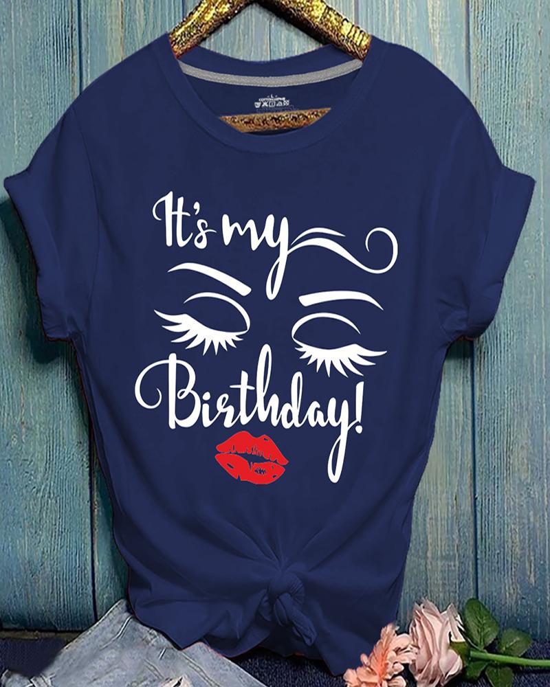 

Letter / Lip / Eyelash Print Casual T-shirt, Dark blue