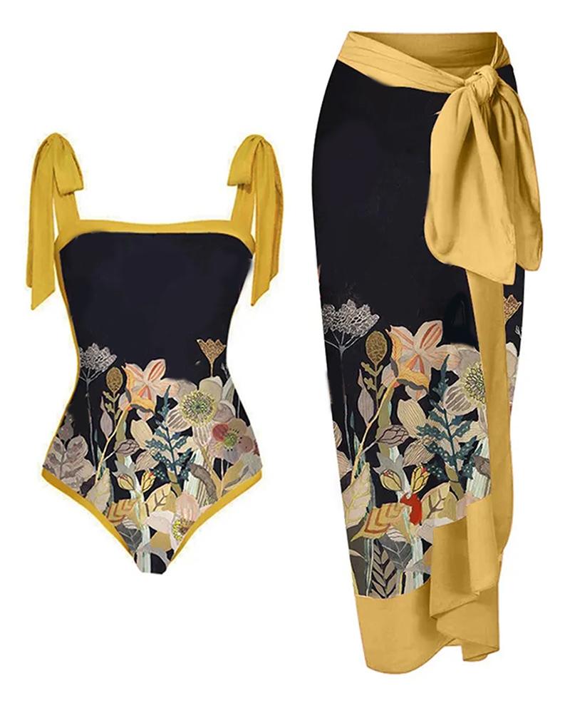 

Floral Print Tied Detail One Piece Swimsuit With Cover Up Skirt, Yellow