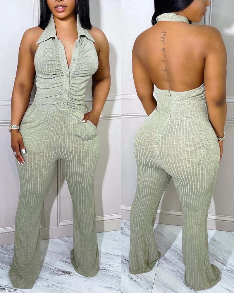

Button Front Ruched Halter Backless Jumpsuit, Gray