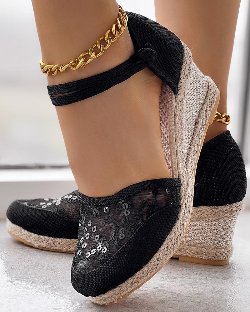 

Embroidery Braided Espadrille Ankle Strap Wedge Sandals, Black