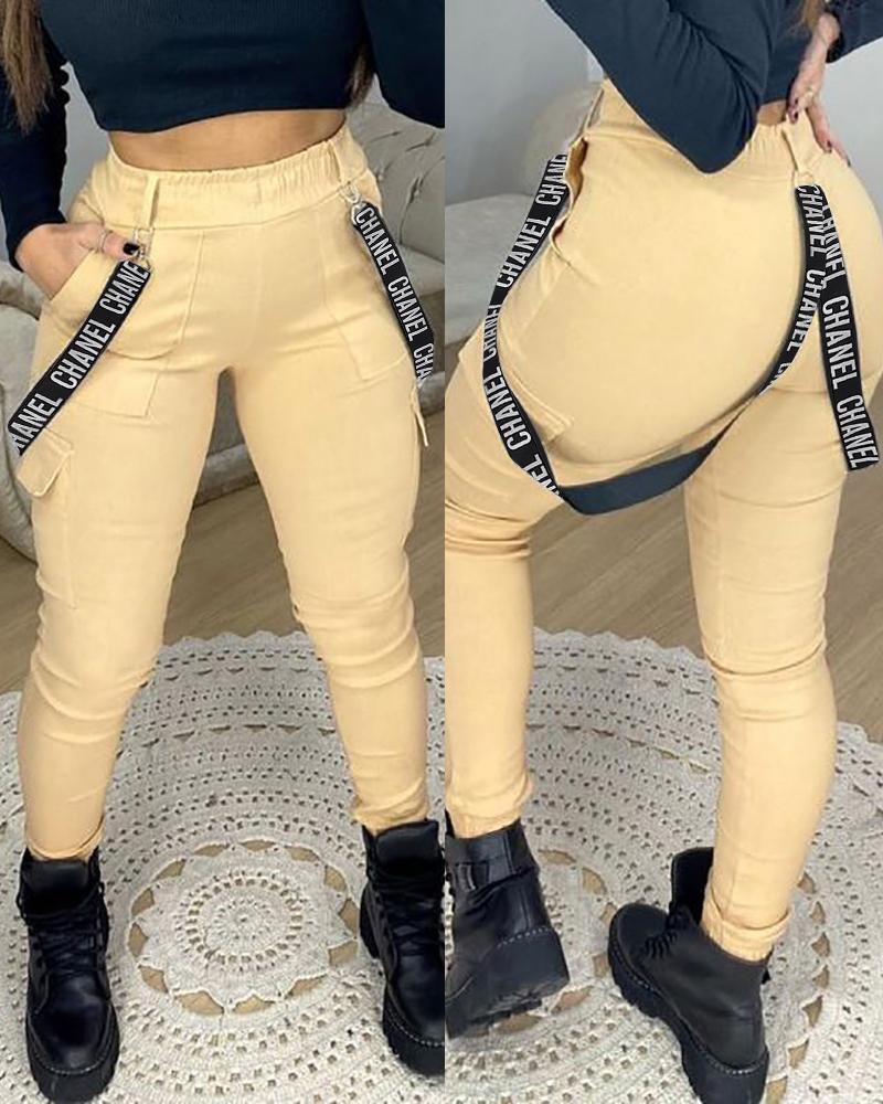

Letter Tape Decor Pocket Design Casual Pants, Khaki