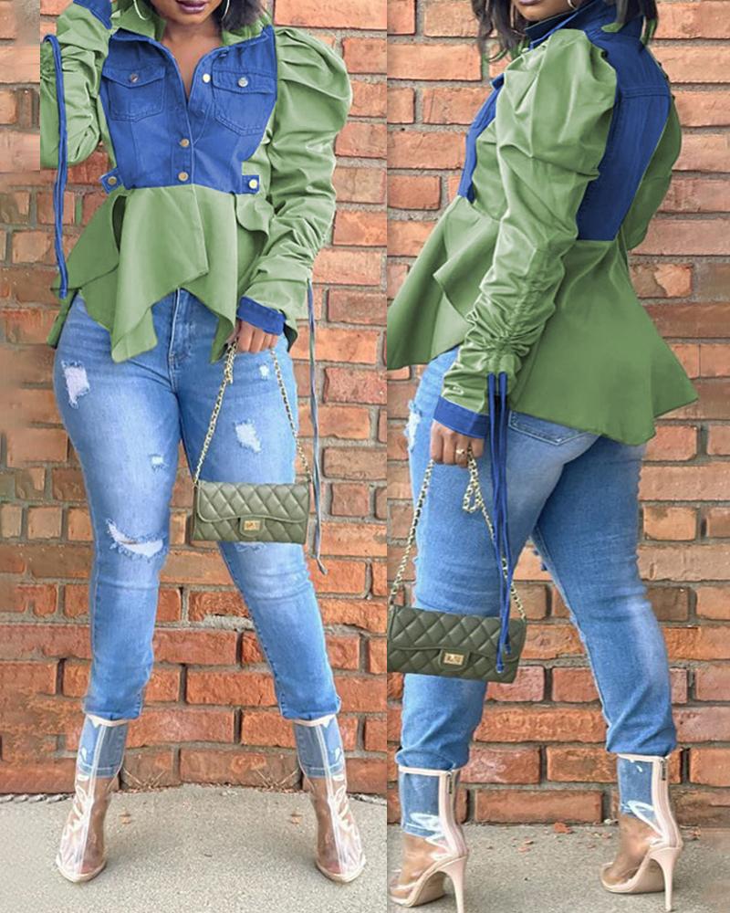 

Contrast Denim Puff Sleeve Asymmetrical Shacket, Green