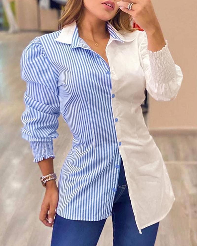 

Striped Shirred Buttoned Casual Top, Blue