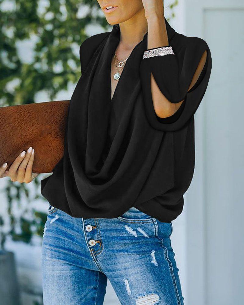 

Rhinestone Decor Long Sleeve Cowl Neck Top, Black