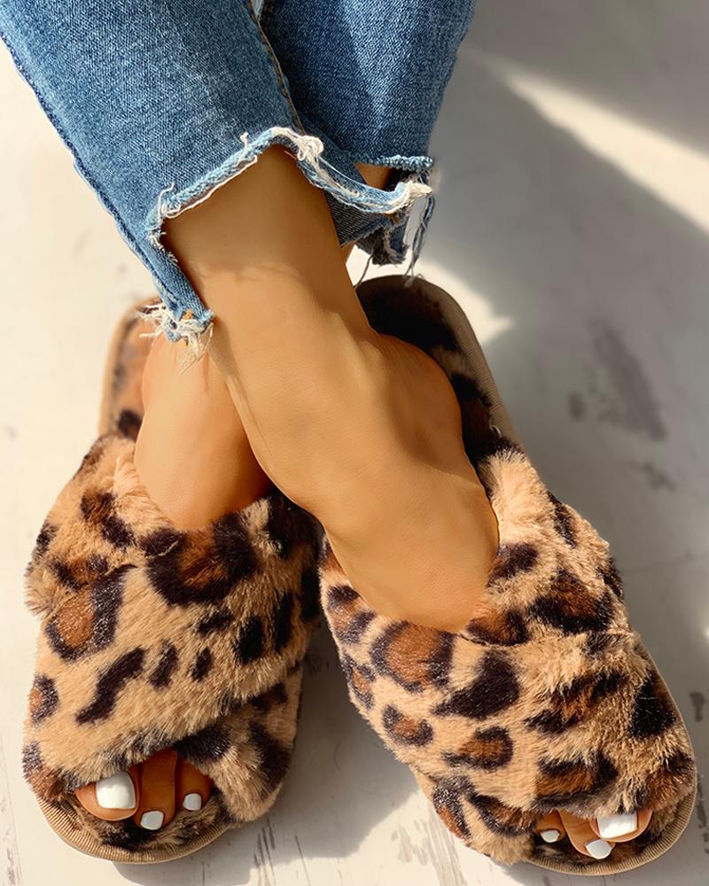 

Fluffy Leopard Crisscross Flat Slippers, Brown