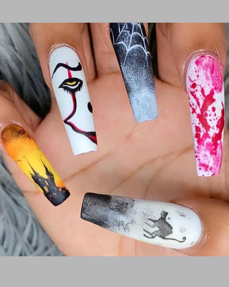 

1Sheet Halloween Abstract Figure Pattern Press on Nails Long Full Cover Fake Coffin Nails, Black