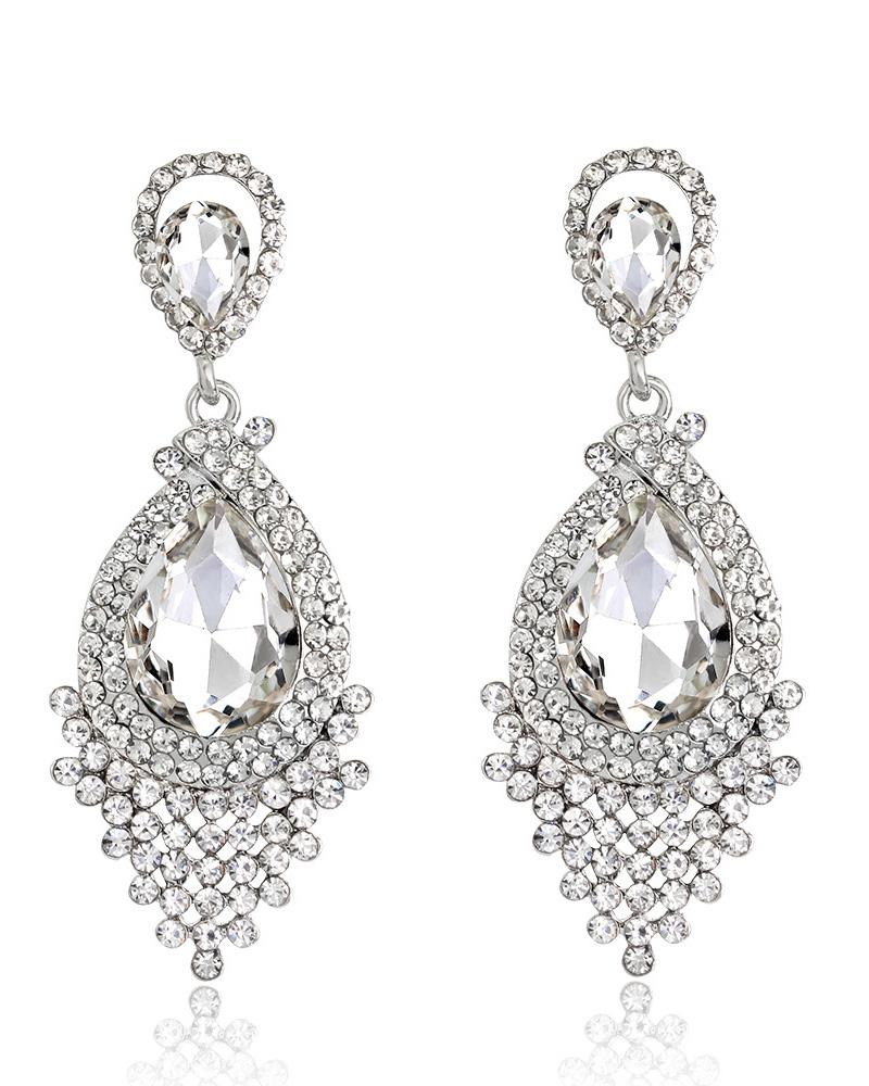

1Pairs Rhinestone Studded Decor Waterdrop Shaped Bridal Wedding Drop Earrings, Silver