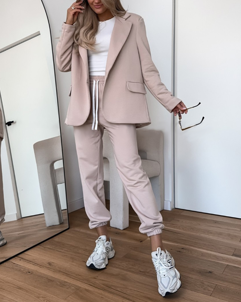 

Shawl Collar Long Sleeve Blazer and Drawstring Pants Set, Light khaki