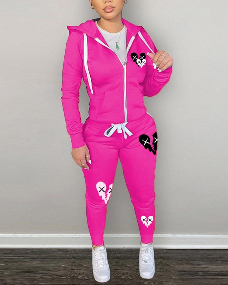 

Heart Print Hooded Zip Up Top & Pants Set, Hot pink