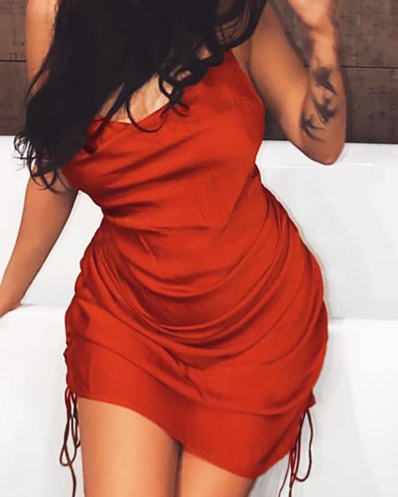 

Satin Spaghetti Strap Ruched Backless Dress, Red