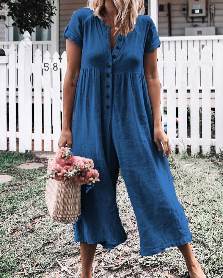 

Button Up Short Sleeve Wide Leg Jumpsuit, Purplish blue