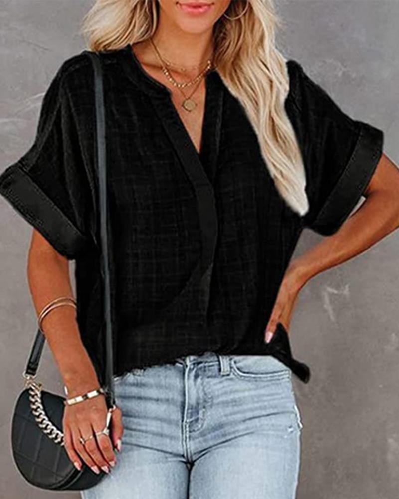 

V-Neck Roll Up Sleeve Flowy Top, Black