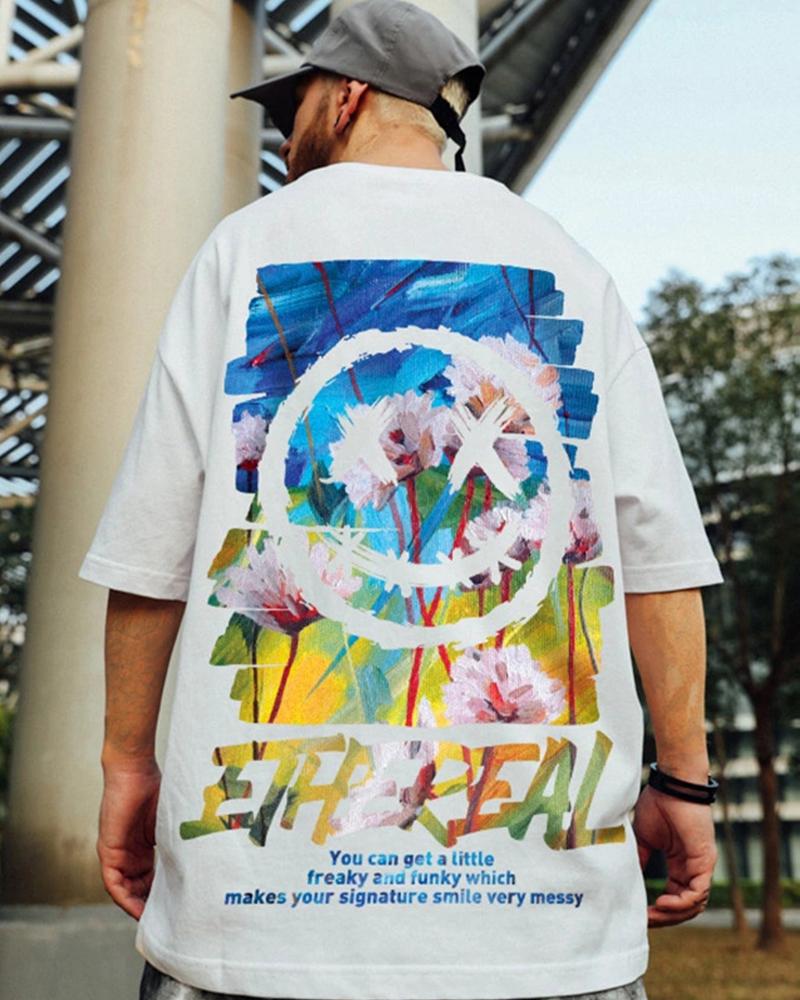 

Floral Patterns Print Short Sleeve Loose T-shirts, White