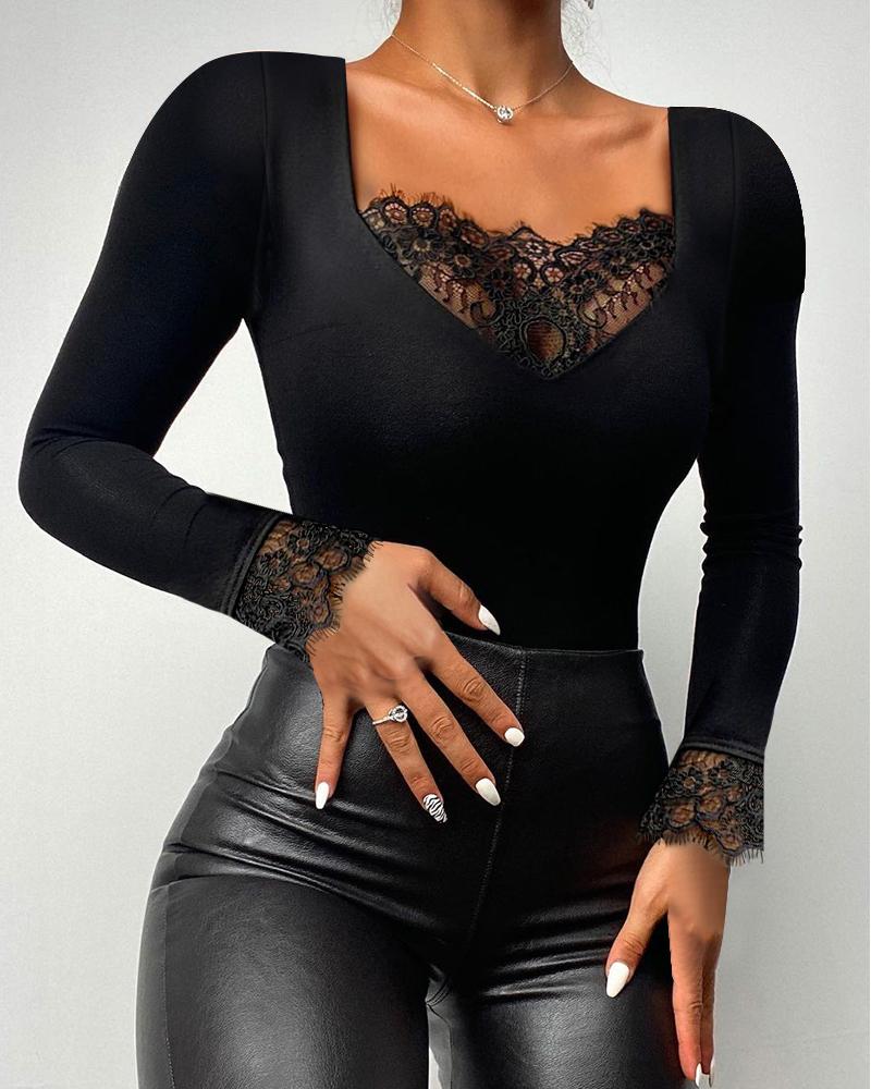 

Top skinny de manga comprida com remendo de renda para cílios, Black