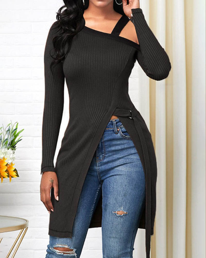 

Asymmetrical Neck High Slit Band Decor Top, Black